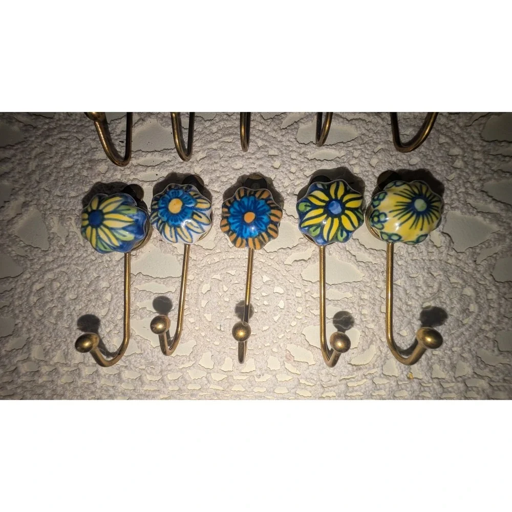 Vintage Hand Painted Ceramic Wall Hooks‎ Floral Brass Robe Coat Hooks Set of 10